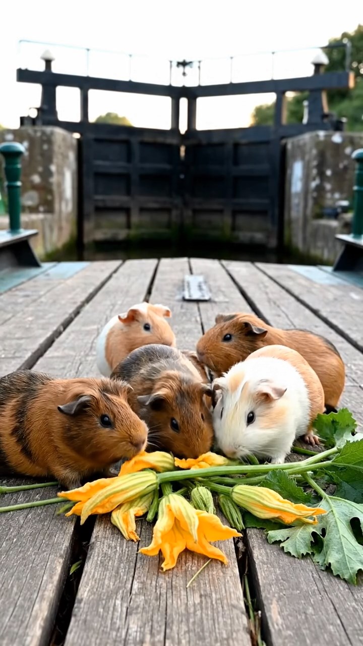 1837. Realistic image of 5 smooth-haired Rex guinea pigs in brown, cream, and fawn colors, munching on zucchini flowers, on a canal barge deck with locks.