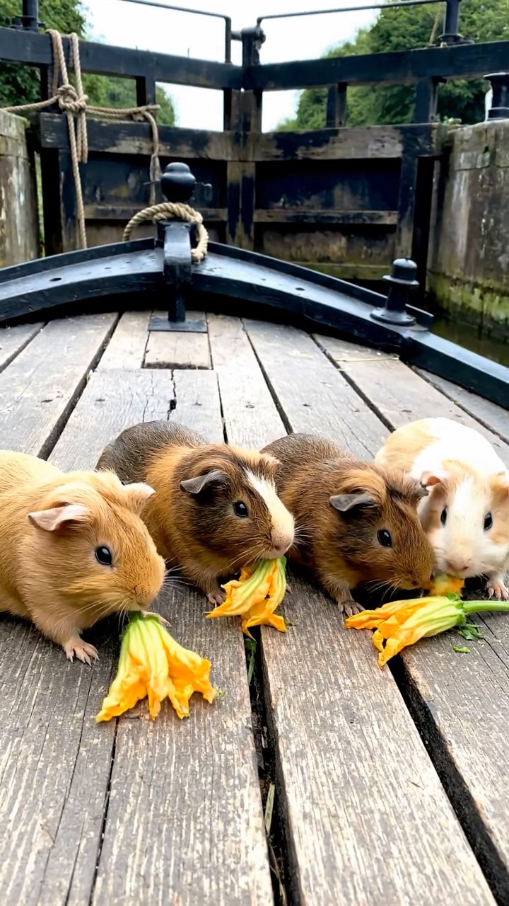 1837. Realistic image of 5 smooth-haired Rex guinea pigs in brown, cream, and fawn colors, munching on zucchini flowers, on a canal barge deck with locks.