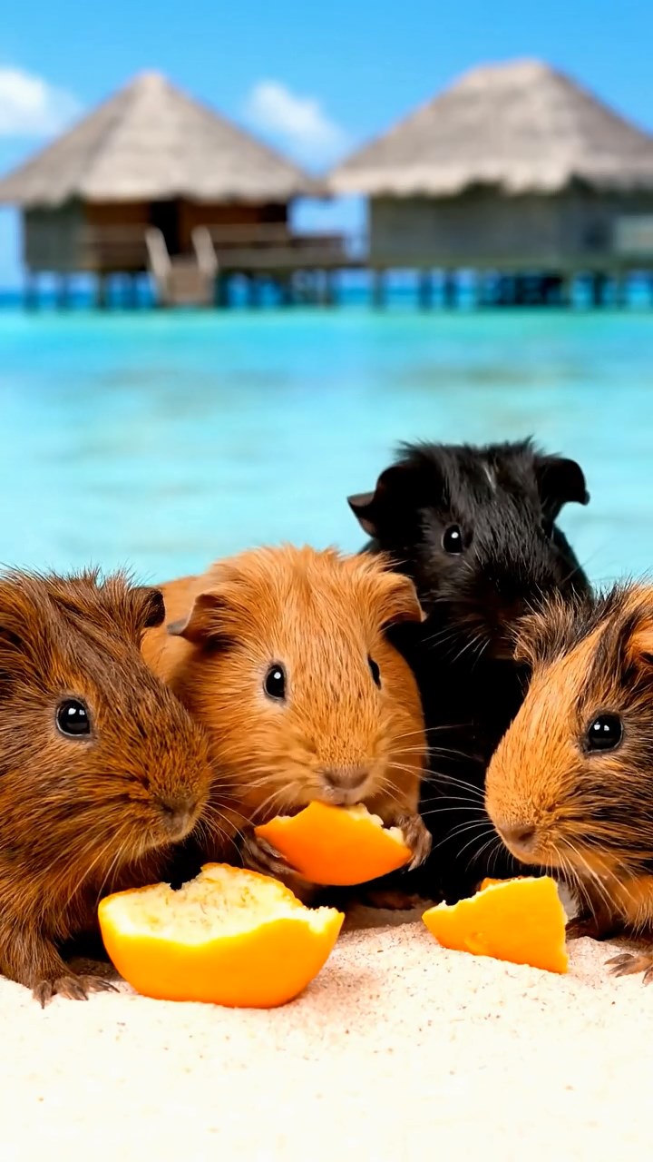 1838. Highly detailed view of 4 smooth-haired Coronet guinea pigs with chocolate, cinnamon, and sable fur, sharing orange peels, in a remote island lagoon with huts.
