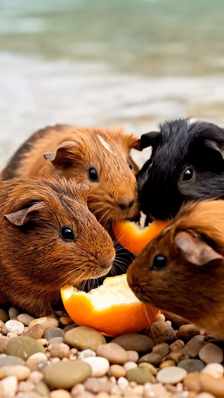 1838. Highly detailed view of 4 smooth-haired Coronet guinea pigs with chocolate, cinnamon, and sable fur, sharing orange peels, in a remote island lagoon with huts.