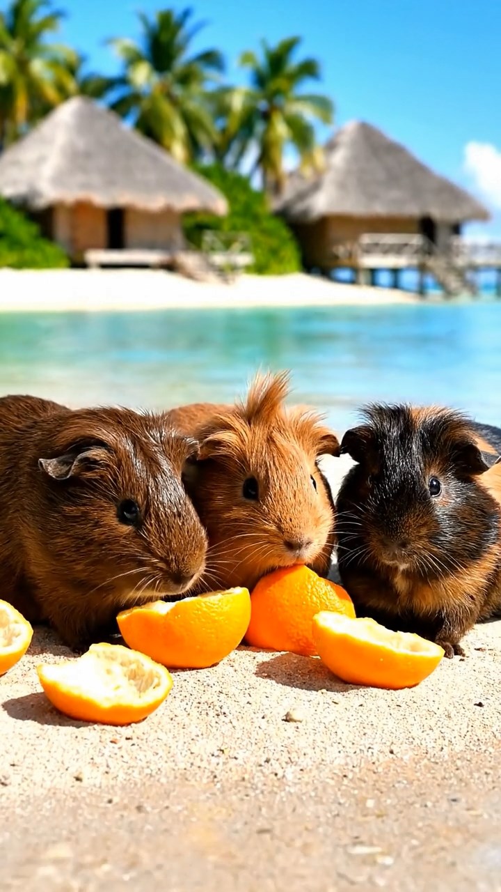 1838. Highly detailed view of 4 smooth-haired Coronet guinea pigs with chocolate, cinnamon, and sable fur, sharing orange peels, in a remote island lagoon with huts.