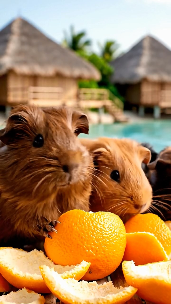 1838. Highly detailed view of 4 smooth-haired Coronet guinea pigs with chocolate, cinnamon, and sable fur, sharing orange peels, in a remote island lagoon with huts.