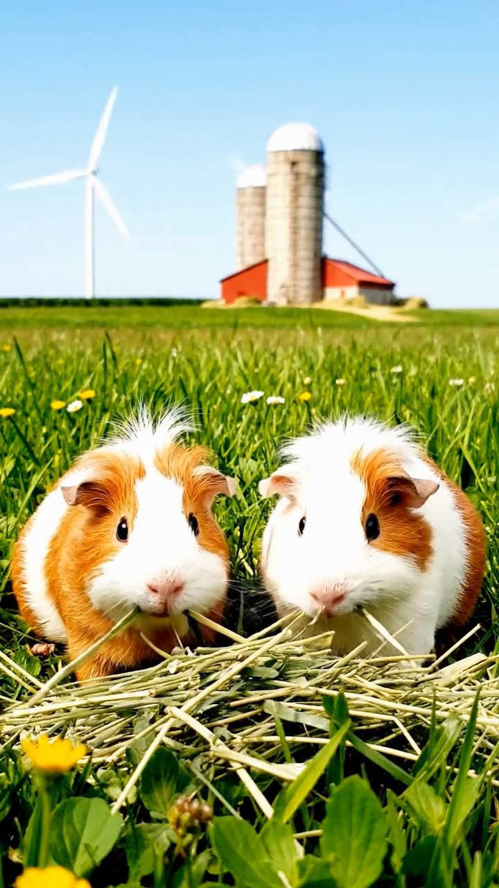 1839. Photorealistic scene of 2 smooth-haired White Crested guinea pigs featuring white and orange coats, eating alfalfa hay, in a prairie wind farm with silos.