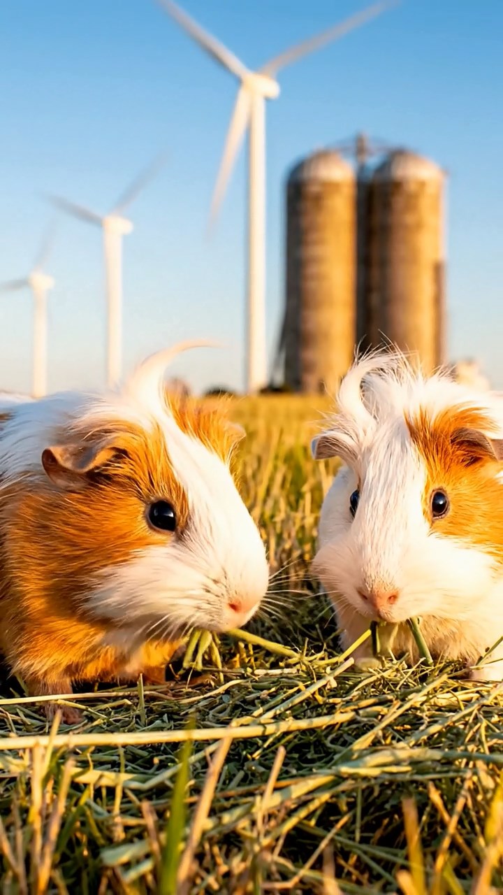 1839. Photorealistic scene of 2 smooth-haired White Crested guinea pigs featuring white and orange coats, eating alfalfa hay, in a prairie wind farm with silos.