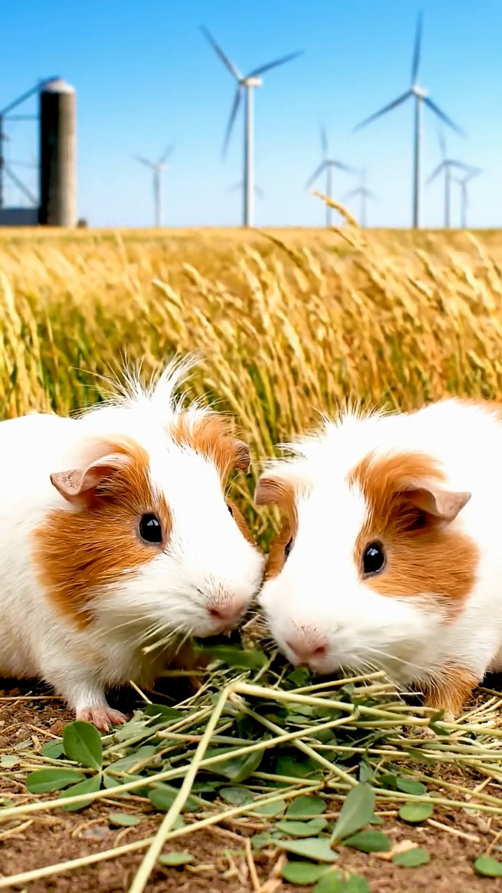 1839. Photorealistic scene of 2 smooth-haired White Crested guinea pigs featuring white and orange coats, eating alfalfa hay, in a prairie wind farm with silos.