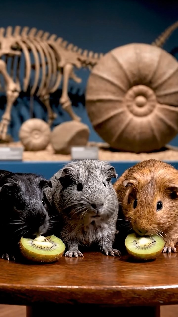 1840. Realistic depiction of 3 smooth-haired Skinny guinea pigs with gray, black, and brown fur, nibbling on kiwi skins, inside a paleontology museum with casts.