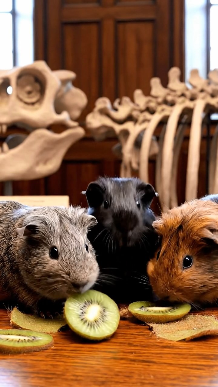 1840. Realistic depiction of 3 smooth-haired Skinny guinea pigs with gray, black, and brown fur, nibbling on kiwi skins, inside a paleontology museum with casts.