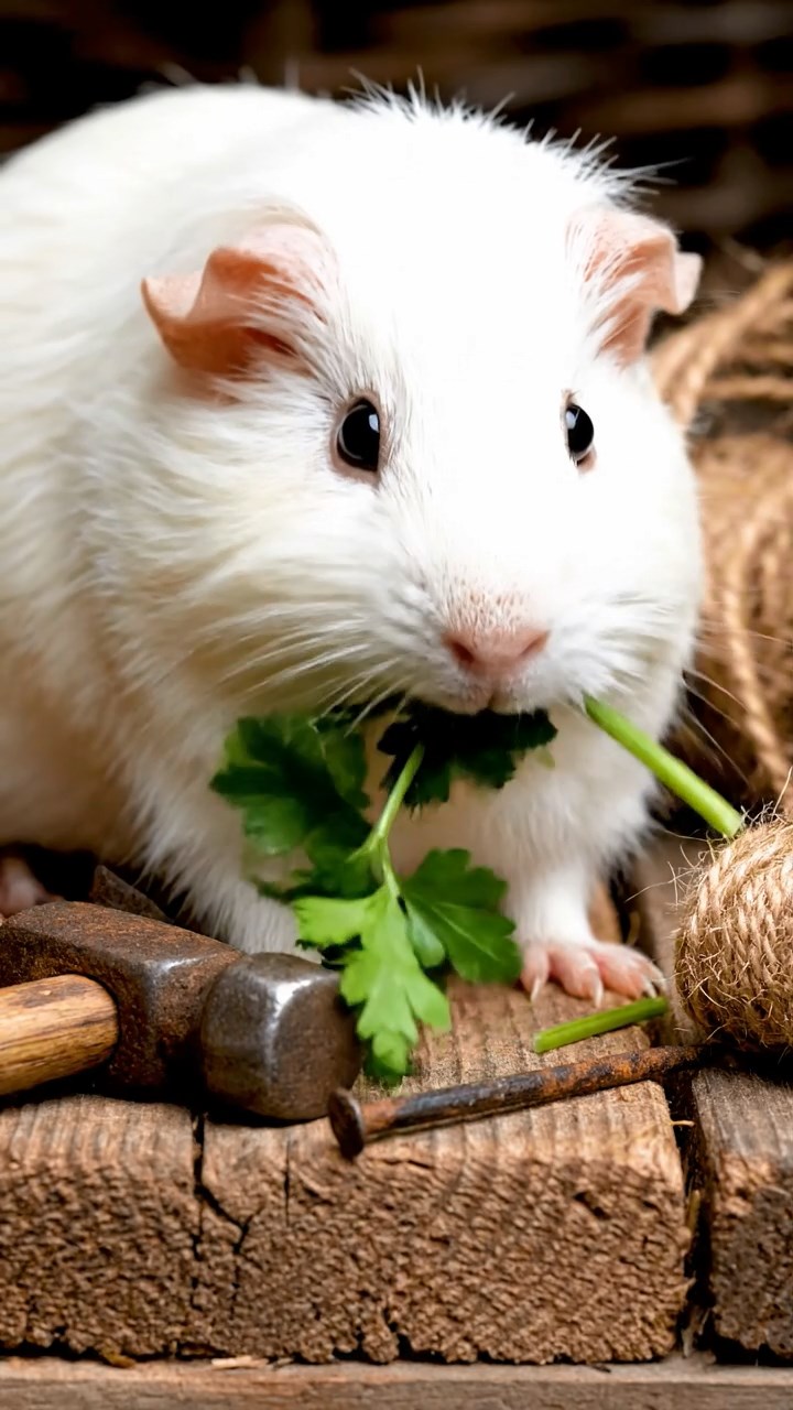1841. Detailed photo of 1 smooth-haired American guinea pig with cream fur, chewing on parsley stems, on a building scaffold with tools.