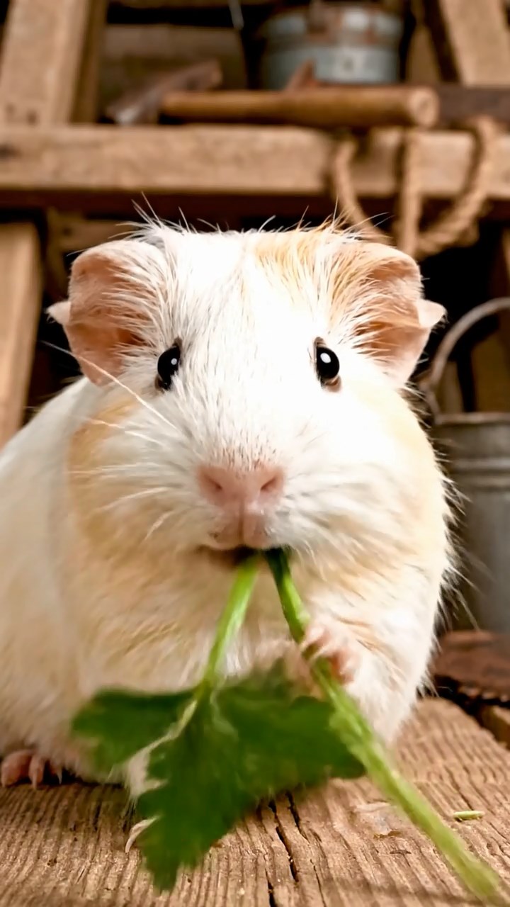 1841. Detailed photo of 1 smooth-haired American guinea pig with cream fur, chewing on parsley stems, on a building scaffold with tools.