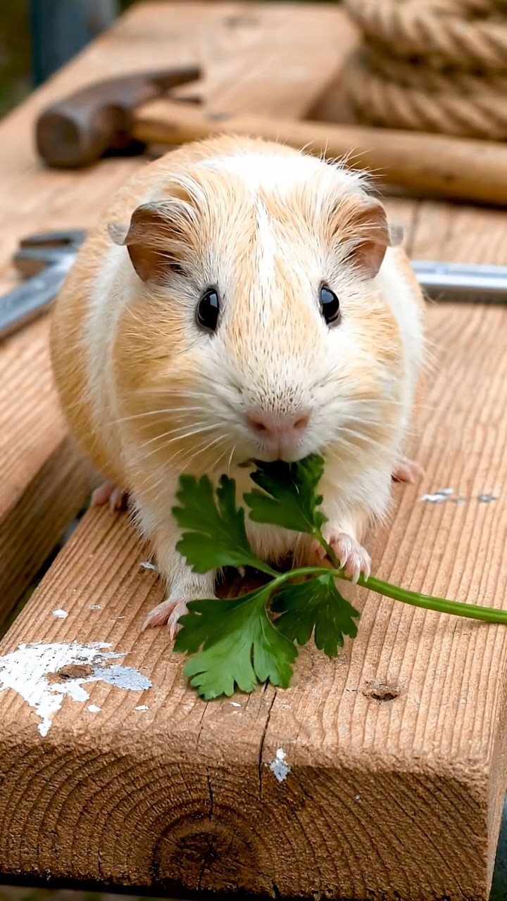 1841. Detailed photo of 1 smooth-haired American guinea pig with cream fur, chewing on parsley stems, on a building scaffold with tools.