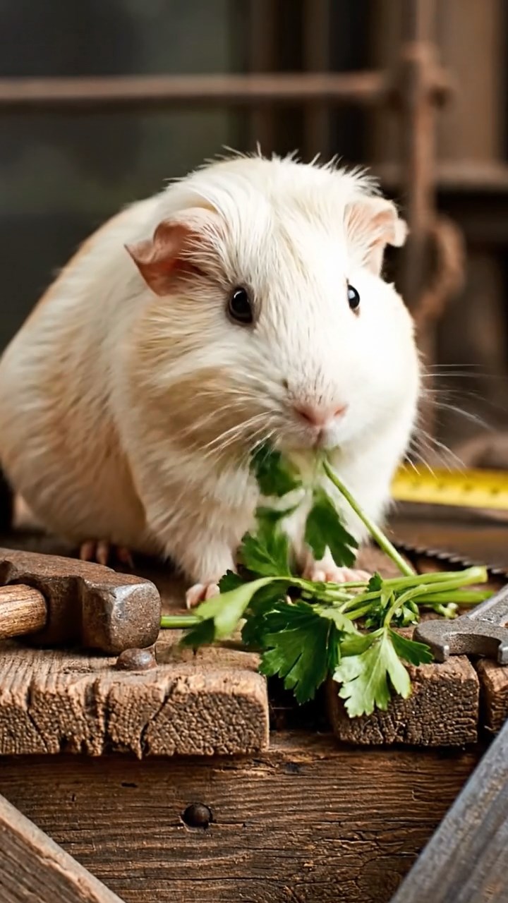 1841. Detailed photo of 1 smooth-haired American guinea pig with cream fur, chewing on parsley stems, on a building scaffold with tools.