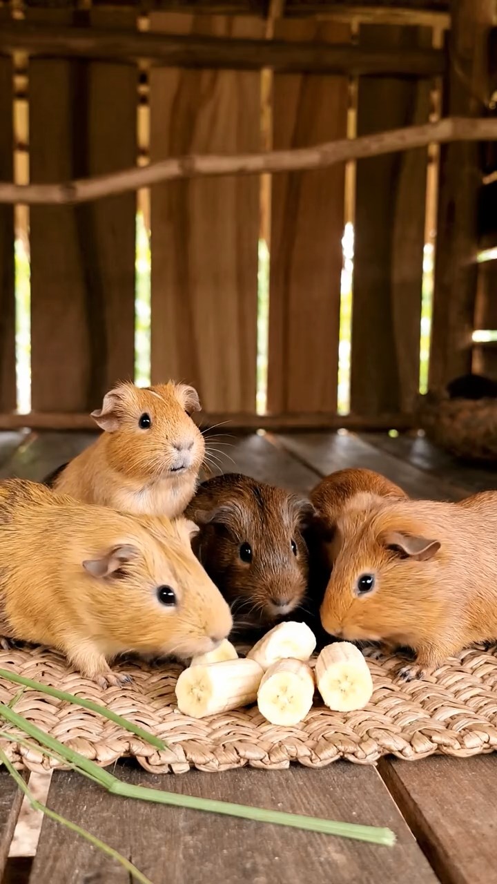 1842. Photorealistic image of 4 smooth-haired Abyssinian guinea pigs in fawn, chocolate, and cinnamon colors, sharing banana chunks, inside a stilted tropical shack.