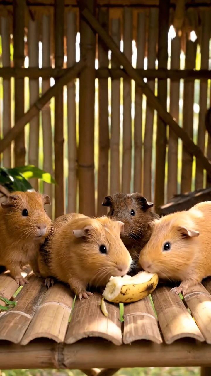 1842. Photorealistic image of 4 smooth-haired Abyssinian guinea pigs in fawn, chocolate, and cinnamon colors, sharing banana chunks, inside a stilted tropical shack.