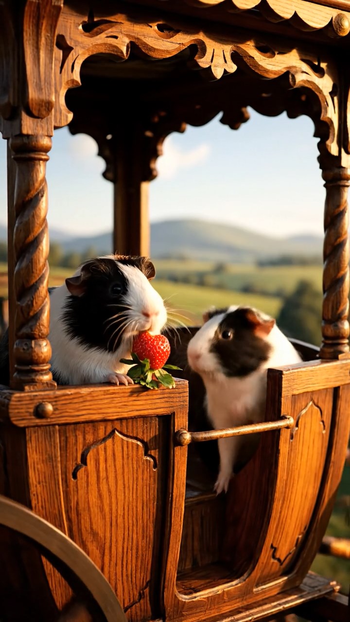 1843. Realistic scene of 2 smooth-haired Peruvian guinea pigs with sable and white fur, munching on strawberry tops, in a fair wheel carriage at top.