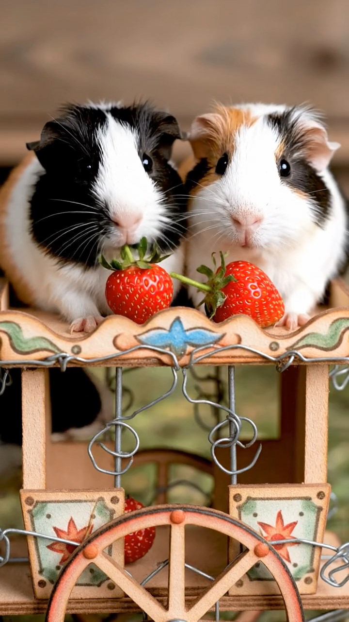 1843. Realistic scene of 2 smooth-haired Peruvian guinea pigs with sable and white fur, munching on strawberry tops, in a fair wheel carriage at top.