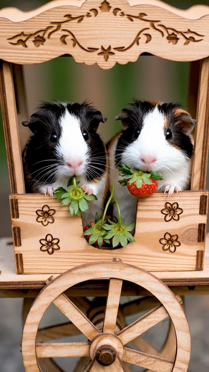1843. Realistic scene of 2 smooth-haired Peruvian guinea pigs with sable and white fur, munching on strawberry tops, in a fair wheel carriage at top.