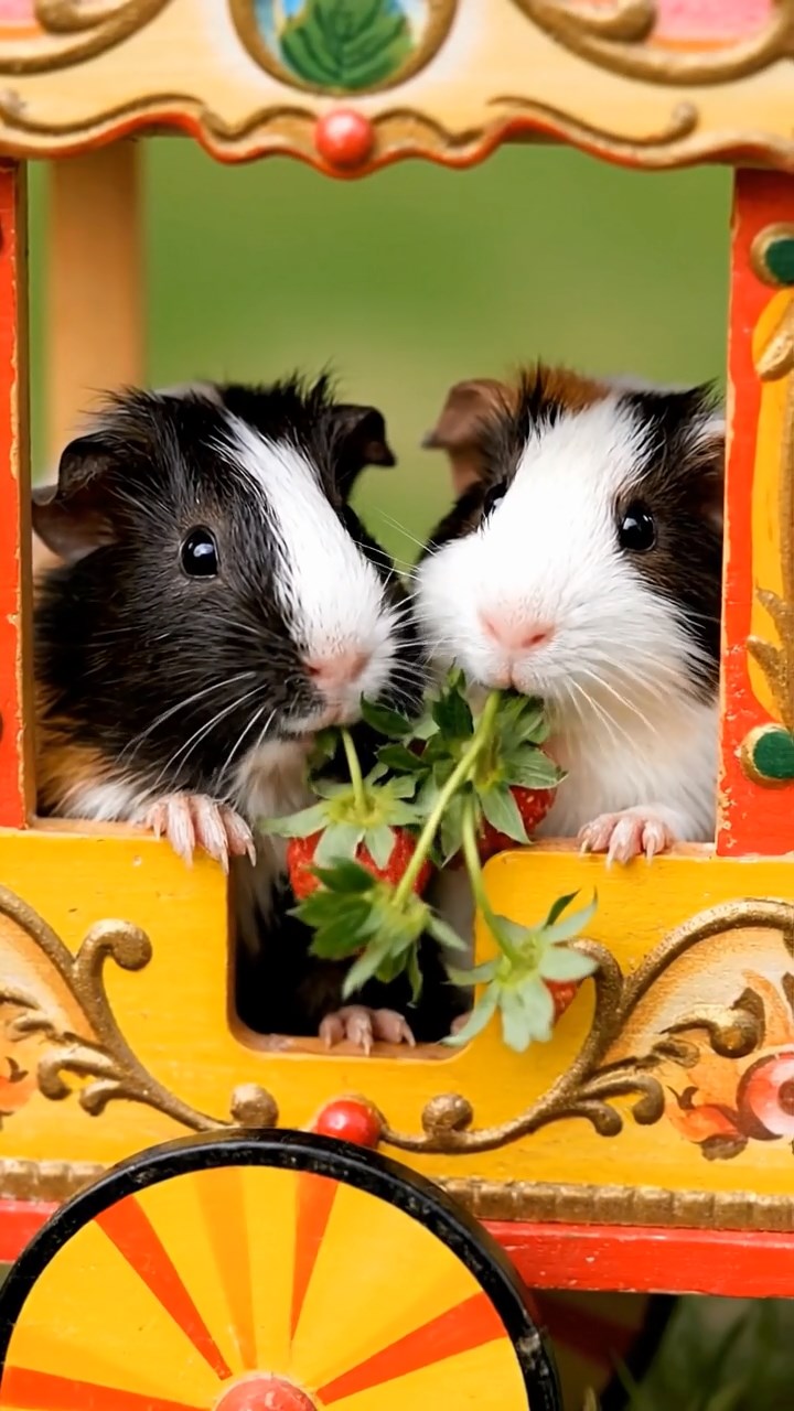 1843. Realistic scene of 2 smooth-haired Peruvian guinea pigs with sable and white fur, munching on strawberry tops, in a fair wheel carriage at top.
