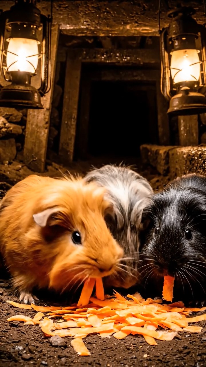 1844. Highly detailed view of 5 smooth-haired Silkie guinea pigs featuring orange, gray, and black coats, eating carrot shreds, down a coal mine shaft with lamps.