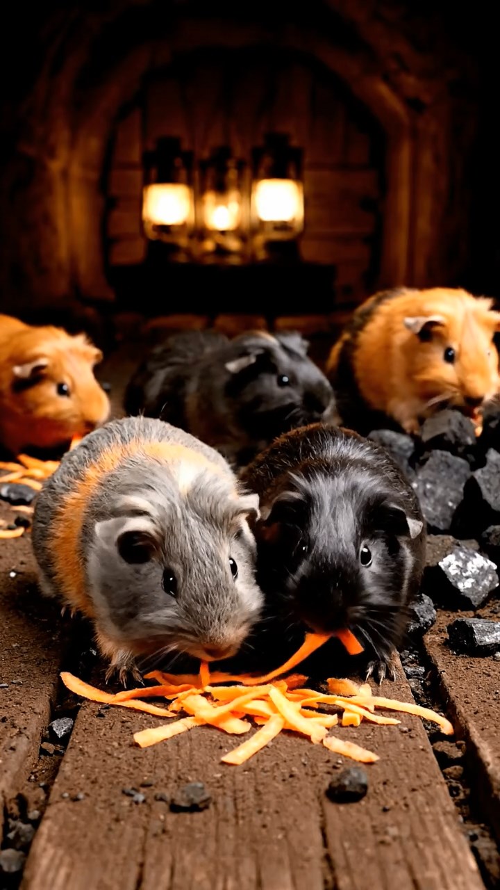 1844. Highly detailed view of 5 smooth-haired Silkie guinea pigs featuring orange, gray, and black coats, eating carrot shreds, down a coal mine shaft with lamps.