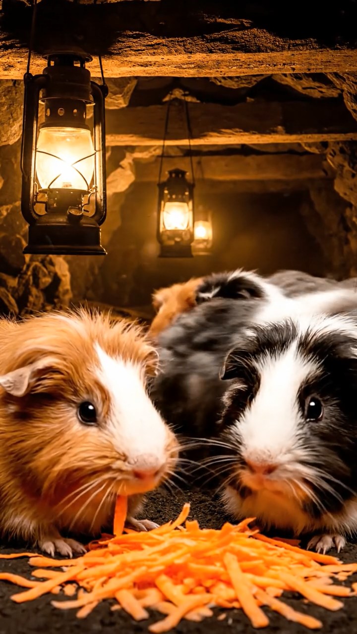 1844. Highly detailed view of 5 smooth-haired Silkie guinea pigs featuring orange, gray, and black coats, eating carrot shreds, down a coal mine shaft with lamps.