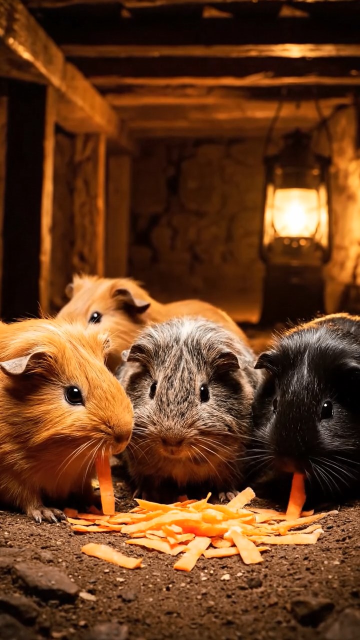1844. Highly detailed view of 5 smooth-haired Silkie guinea pigs featuring orange, gray, and black coats, eating carrot shreds, down a coal mine shaft with lamps.