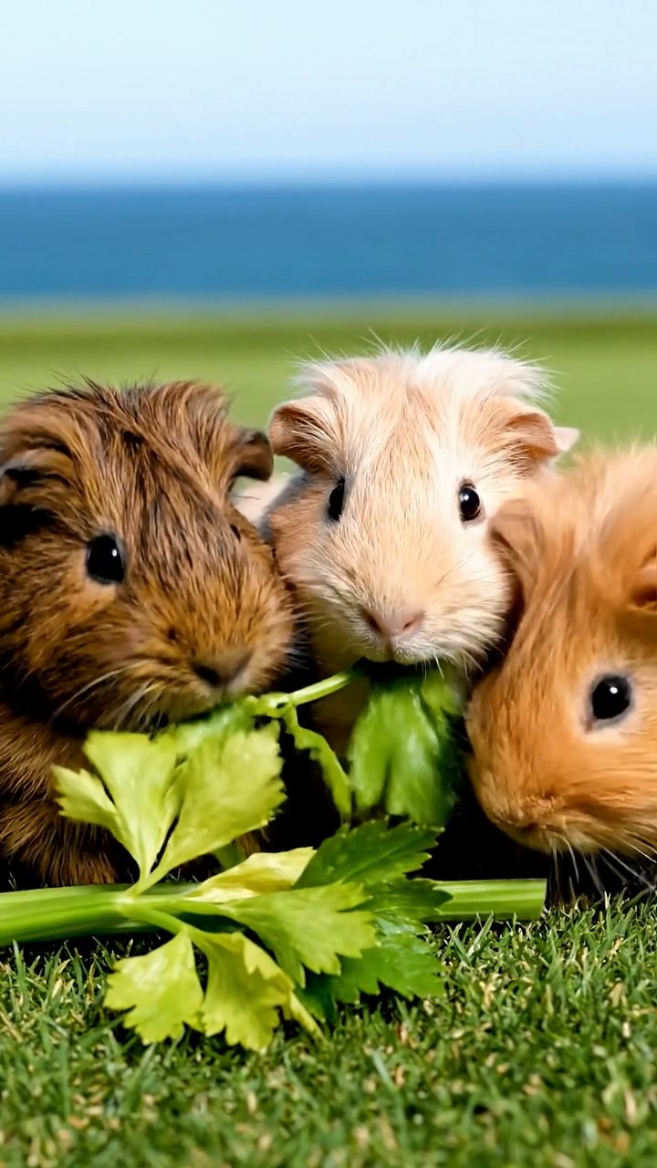 1845. Photorealistic photo of 3 smooth-haired Teddy guinea pigs with brown, cream, and fawn fur, nibbling on celery leaves, on a links course fairway with sea.
