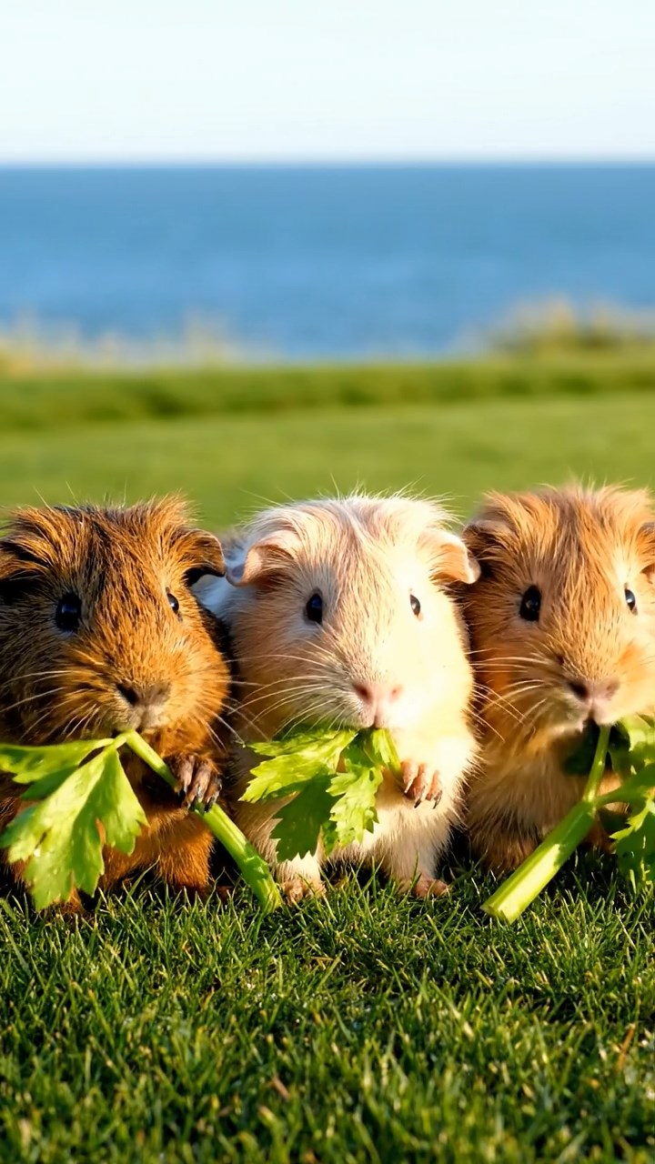 1845. Photorealistic photo of 3 smooth-haired Teddy guinea pigs with brown, cream, and fawn fur, nibbling on celery leaves, on a links course fairway with sea.