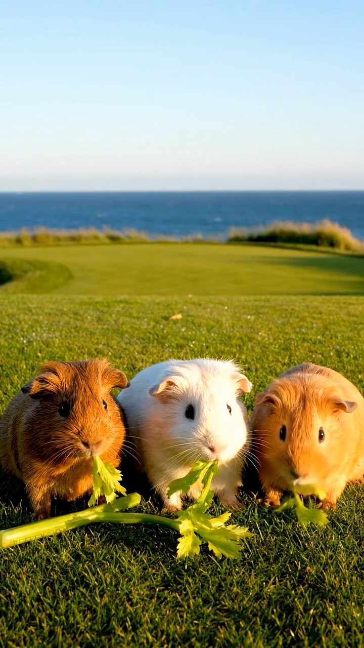 1845. Photorealistic photo of 3 smooth-haired Teddy guinea pigs with brown, cream, and fawn fur, nibbling on celery leaves, on a links course fairway with sea.