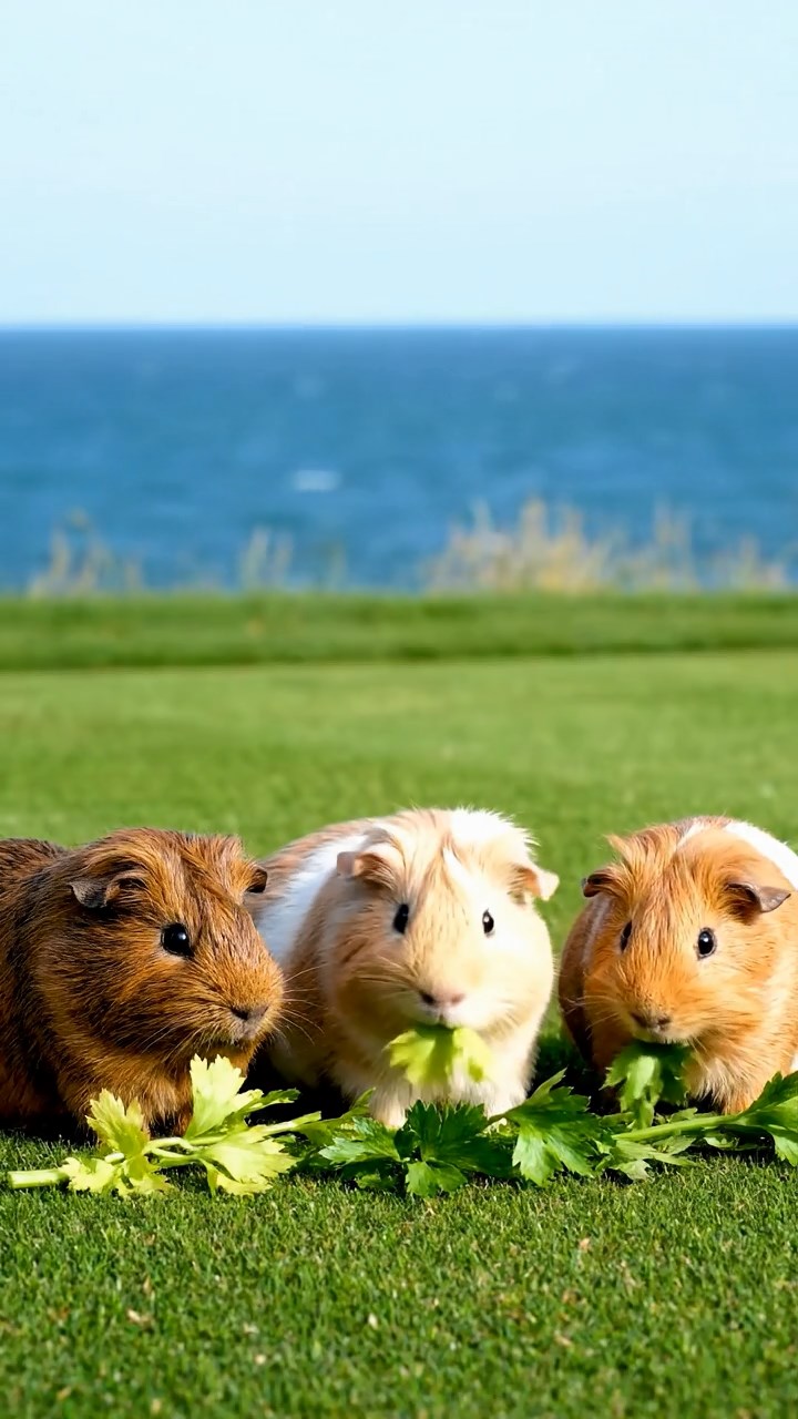 1845. Photorealistic photo of 3 smooth-haired Teddy guinea pigs with brown, cream, and fawn fur, nibbling on celery leaves, on a links course fairway with sea.