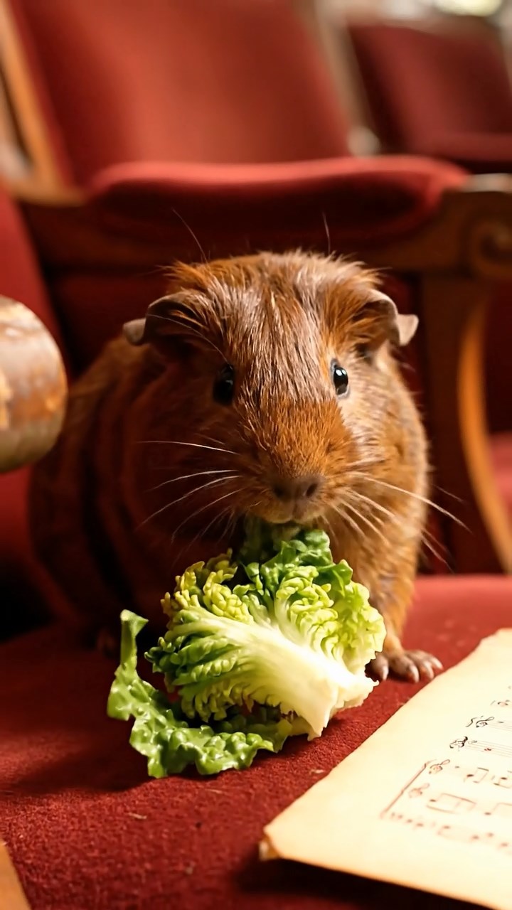 1846. Realistic depiction of 1 smooth-haired Texel guinea pig with chocolate fur, chewing on romaine hearts, among auditorium chairs with sheet music.