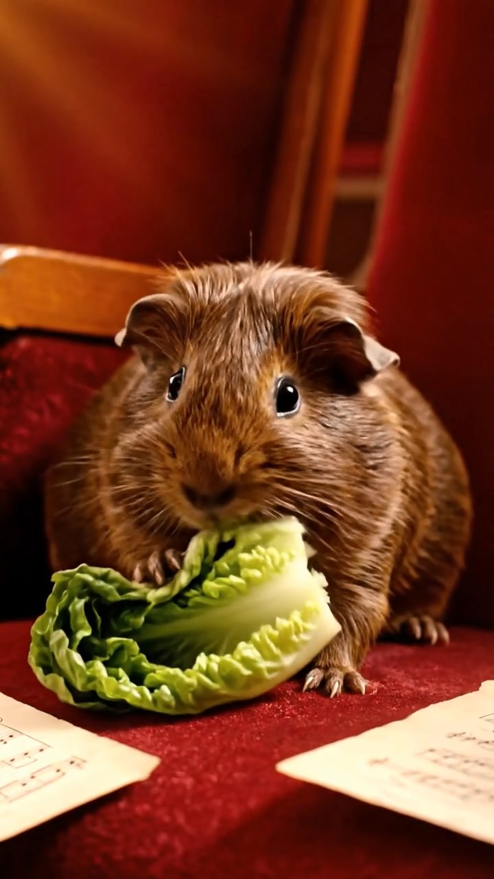 1846. Realistic depiction of 1 smooth-haired Texel guinea pig with chocolate fur, chewing on romaine hearts, among auditorium chairs with sheet music.