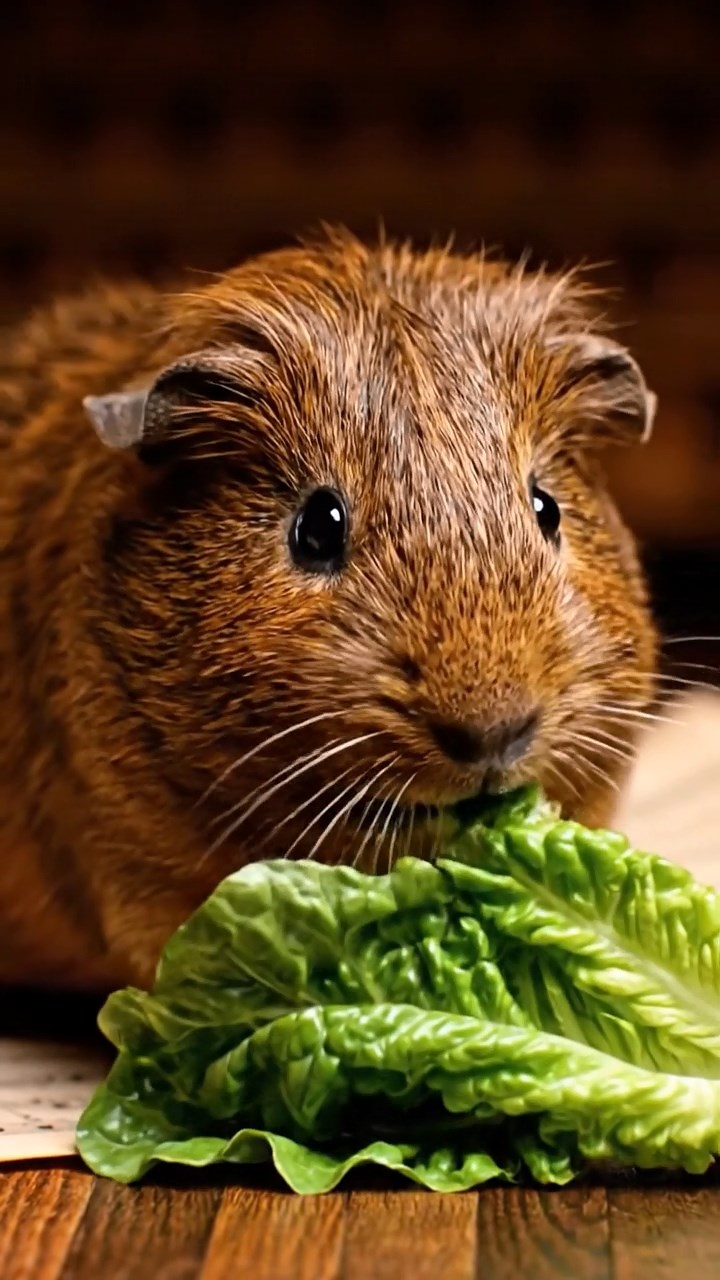 1846. Realistic depiction of 1 smooth-haired Texel guinea pig with chocolate fur, chewing on romaine hearts, among auditorium chairs with sheet music.