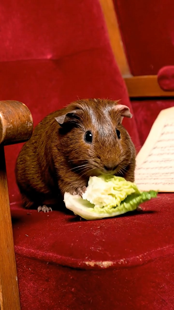 1846. Realistic depiction of 1 smooth-haired Texel guinea pig with chocolate fur, chewing on romaine hearts, among auditorium chairs with sheet music.
