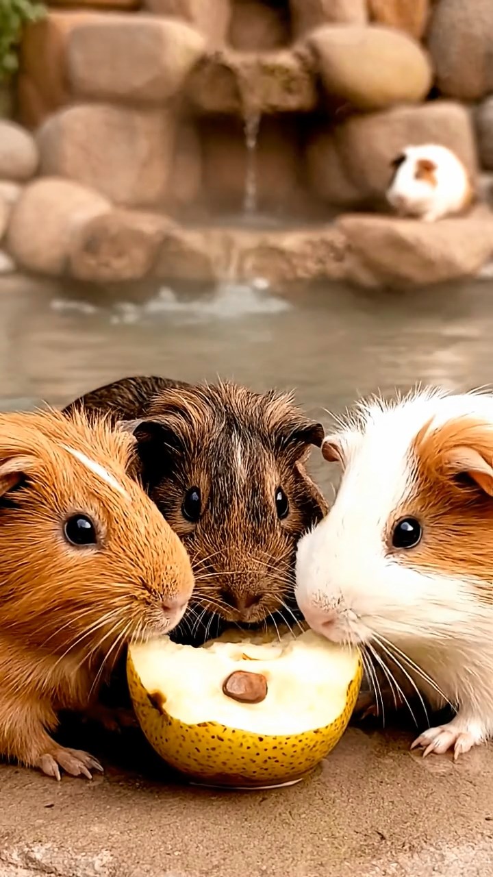 1847. Detailed image of 4 smooth-haired Rex guinea pigs in cinnamon, sable, and white colors, sharing pear cores, by a bubbling thermal spring terrace.
