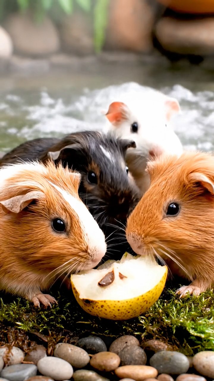 1847. Detailed image of 4 smooth-haired Rex guinea pigs in cinnamon, sable, and white colors, sharing pear cores, by a bubbling thermal spring terrace.