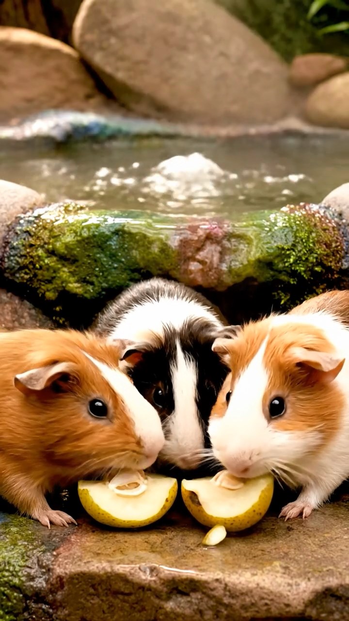 1847. Detailed image of 4 smooth-haired Rex guinea pigs in cinnamon, sable, and white colors, sharing pear cores, by a bubbling thermal spring terrace.