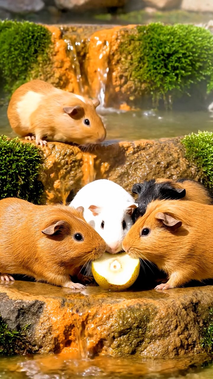 1847. Detailed image of 4 smooth-haired Rex guinea pigs in cinnamon, sable, and white colors, sharing pear cores, by a bubbling thermal spring terrace.