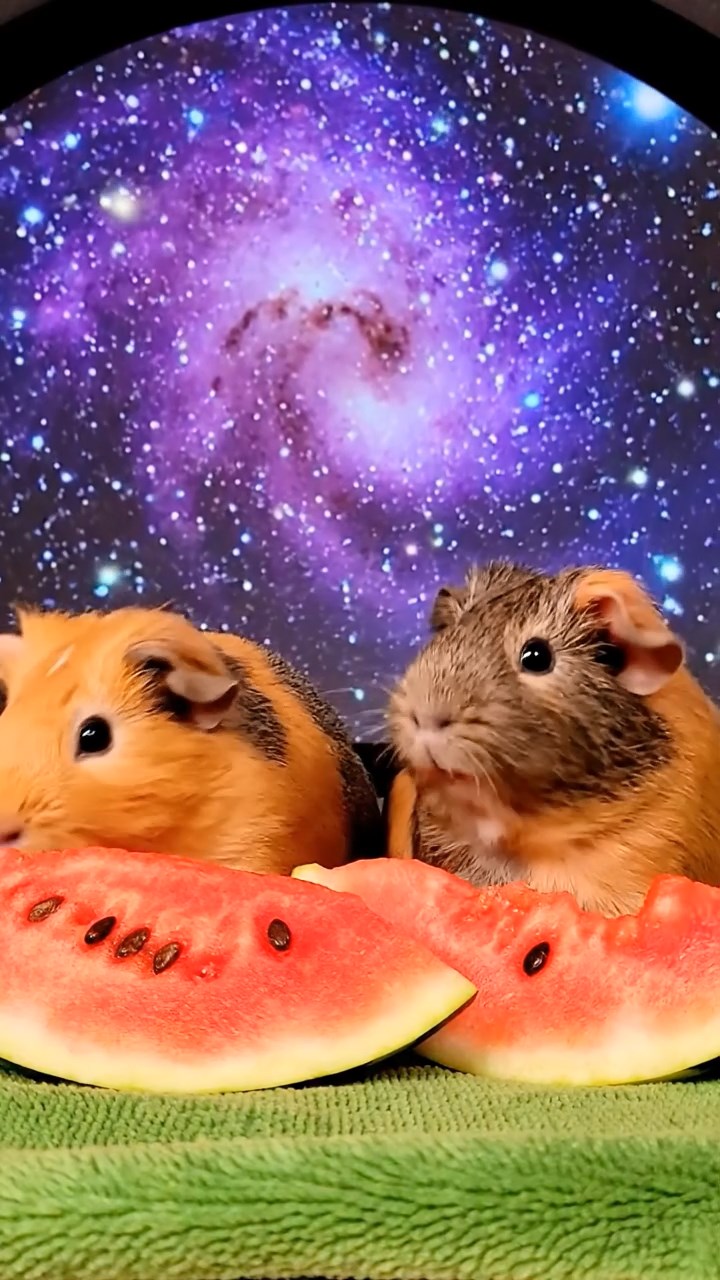 1848. Photorealistic scene of 2 smooth-haired Coronet guinea pigs with orange and gray fur, munching on watermelon slices, under a cosmic star projection dome.