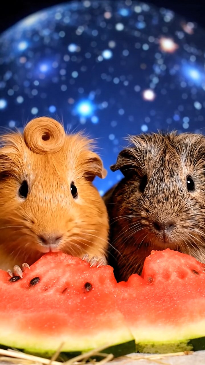1848. Photorealistic scene of 2 smooth-haired Coronet guinea pigs with orange and gray fur, munching on watermelon slices, under a cosmic star projection dome.