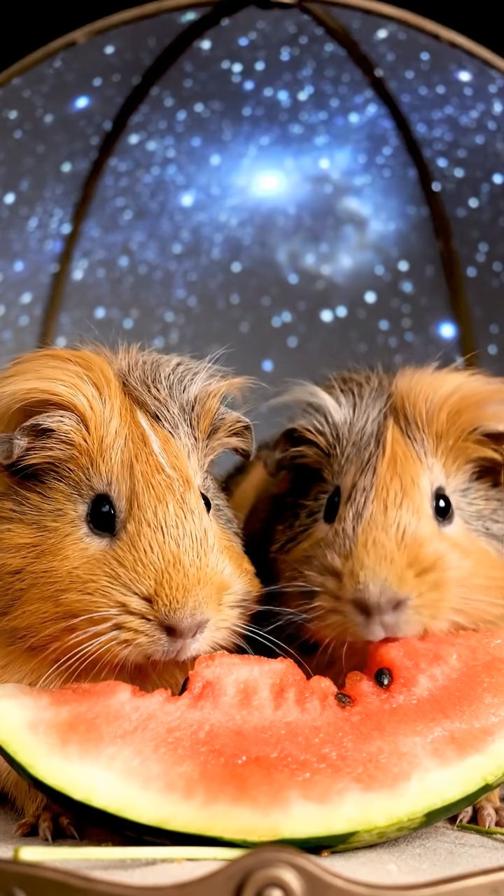 1848. Photorealistic scene of 2 smooth-haired Coronet guinea pigs with orange and gray fur, munching on watermelon slices, under a cosmic star projection dome.