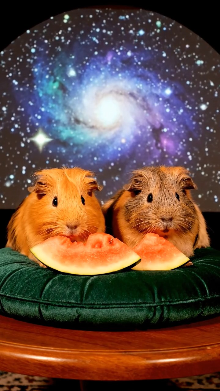 1848. Photorealistic scene of 2 smooth-haired Coronet guinea pigs with orange and gray fur, munching on watermelon slices, under a cosmic star projection dome.