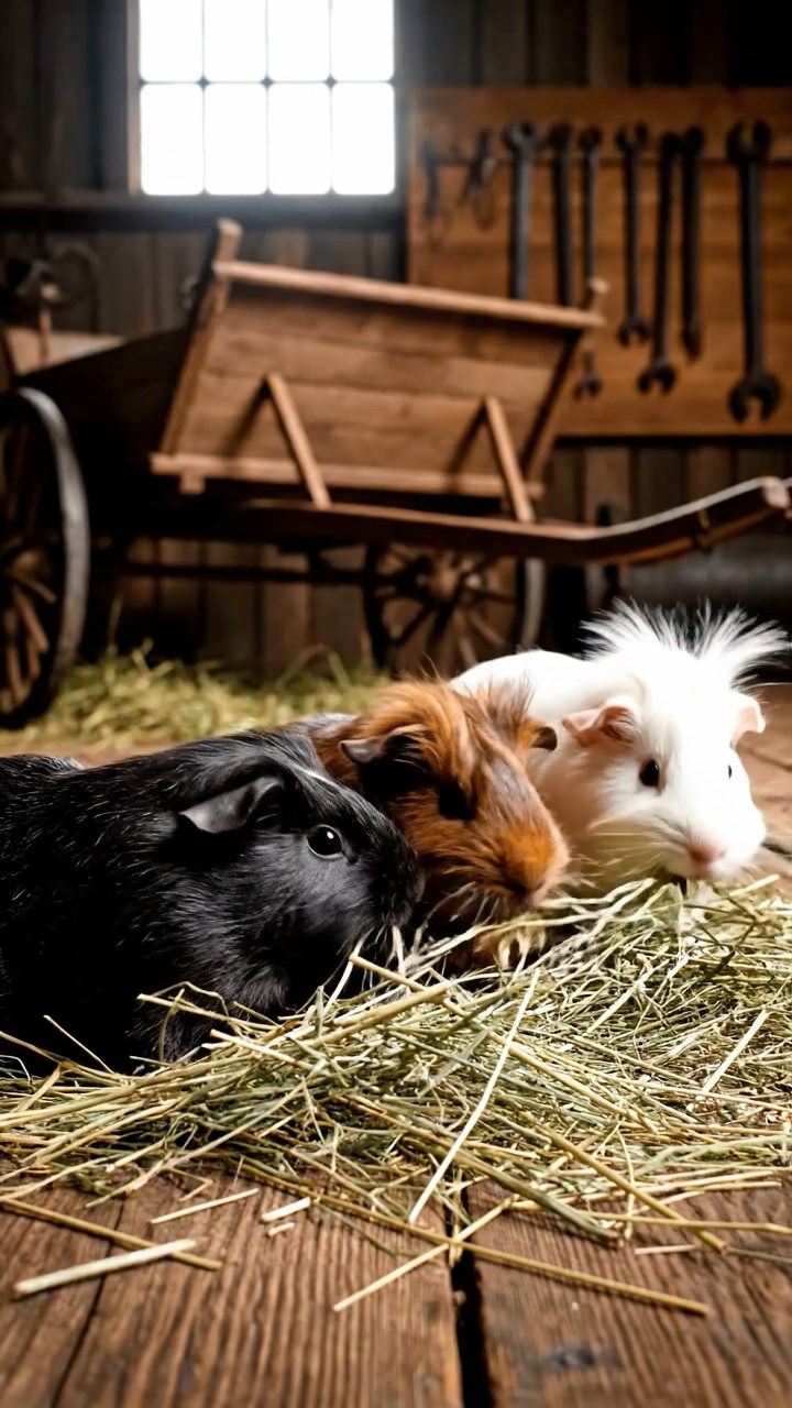 1849. Realistic photo of 3 smooth-haired White Crested guinea pigs featuring black, brown, and cream coats, eating timothy hay, in a motorsport garage area.
