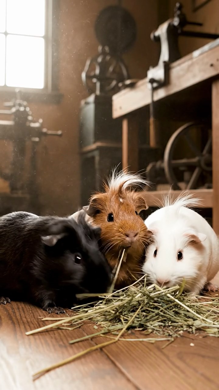 1849. Realistic photo of 3 smooth-haired White Crested guinea pigs featuring black, brown, and cream coats, eating timothy hay, in a motorsport garage area.