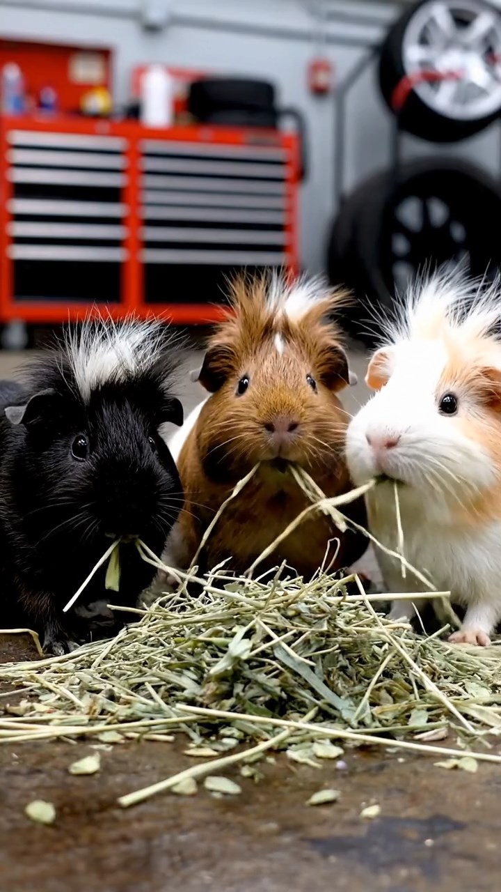 1849. Realistic photo of 3 smooth-haired White Crested guinea pigs featuring black, brown, and cream coats, eating timothy hay, in a motorsport garage area.