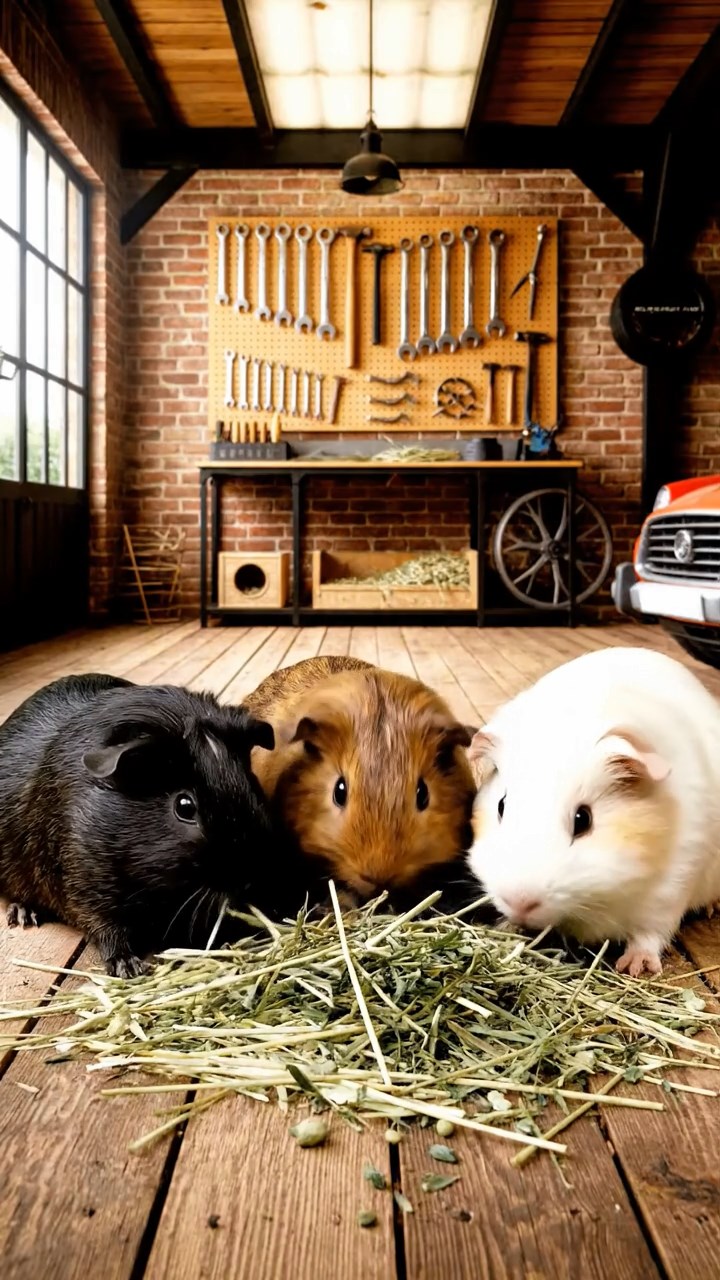1849. Realistic photo of 3 smooth-haired White Crested guinea pigs featuring black, brown, and cream coats, eating timothy hay, in a motorsport garage area.