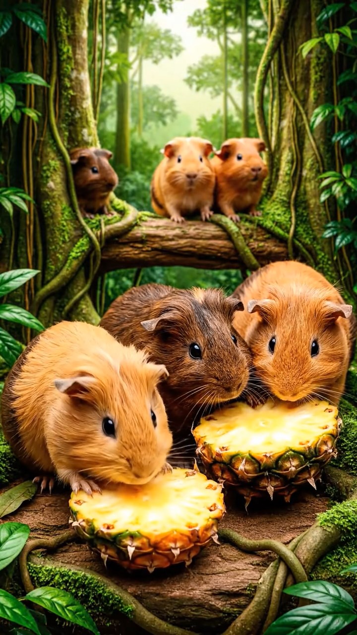 1850. Highly detailed view of 5 smooth-haired Skinny guinea pigs with fawn, chocolate, and cinnamon fur, nibbling on pineapple cores, along a jungle treetop path.