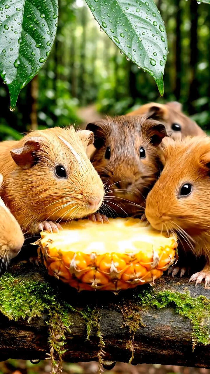 1850. Highly detailed view of 5 smooth-haired Skinny guinea pigs with fawn, chocolate, and cinnamon fur, nibbling on pineapple cores, along a jungle treetop path.