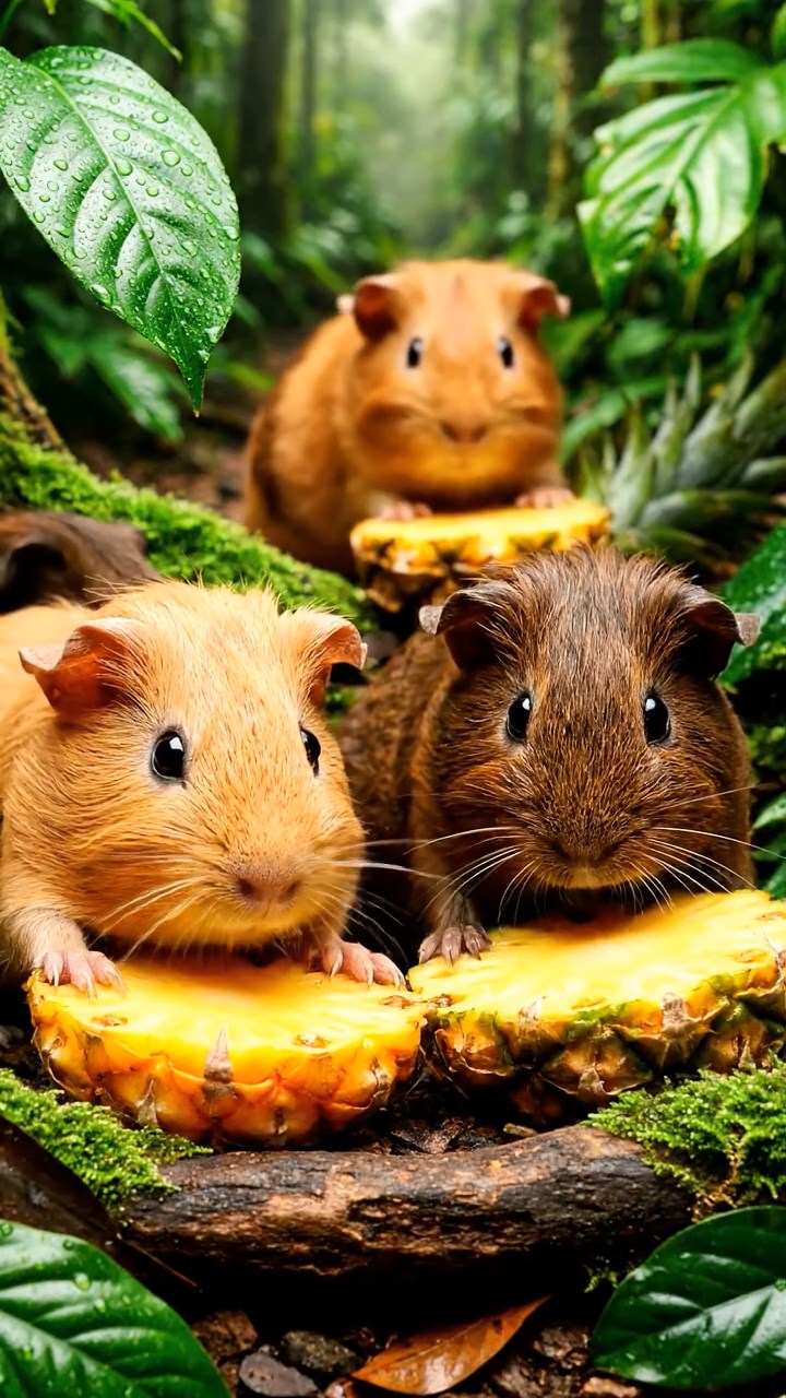 1850. Highly detailed view of 5 smooth-haired Skinny guinea pigs with fawn, chocolate, and cinnamon fur, nibbling on pineapple cores, along a jungle treetop path.