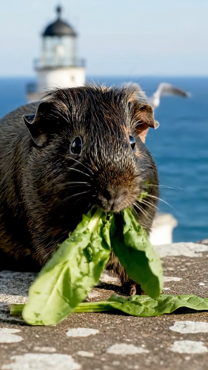 1851. Photorealistic image of 1 smooth-haired American guinea pig with sable fur, chewing on spinach bunches, atop a seaside lighthouse balcony with gulls.