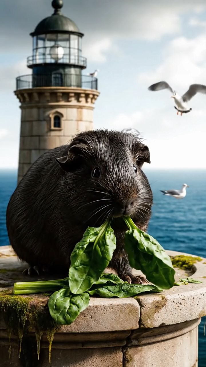 1851. Photorealistic image of 1 smooth-haired American guinea pig with sable fur, chewing on spinach bunches, atop a seaside lighthouse balcony with gulls.